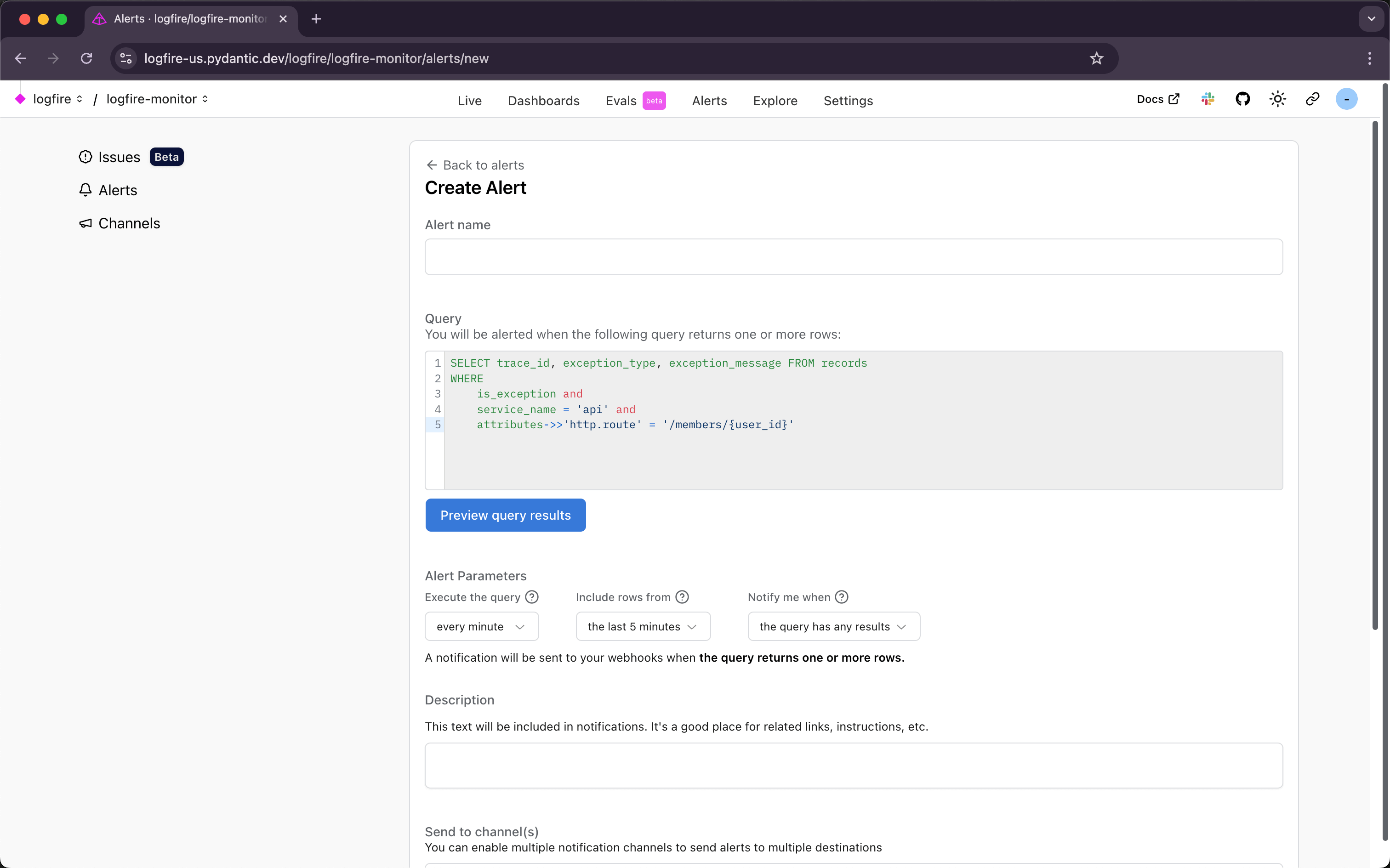 Create alert form